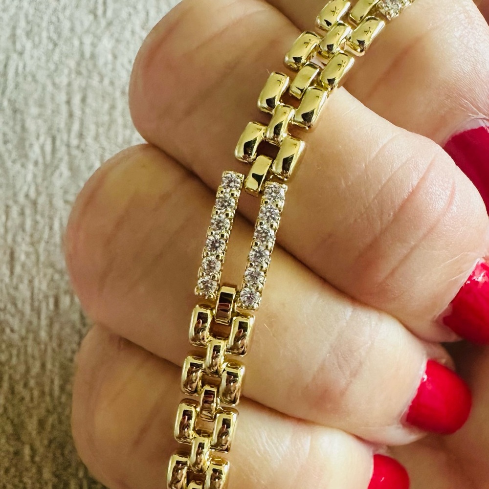 Gold Plated Panther/Watch Link Bracelet with Pavé CZ Station Links.